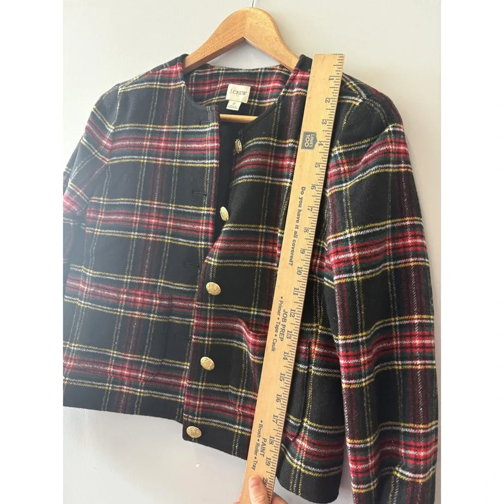 J.Crew Jacket Womens 2 Multicolor Plaid Wool Tweed Button Front Collarless Short